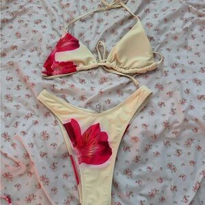 SHEIN Cream Bikini Set with Pink Floral Print